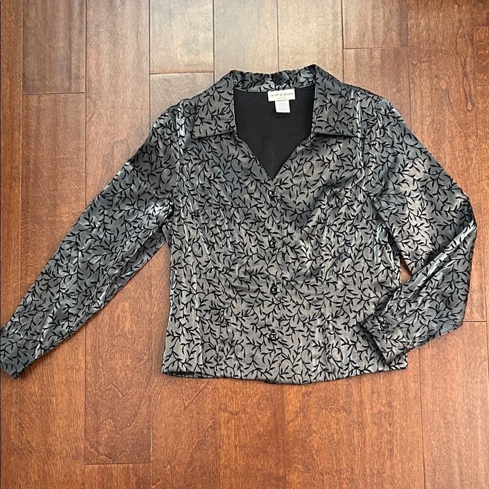 Y2K Vintage Sarah B Studio Petites Black & Gray Velvet Leaf Pattern Top, Size M